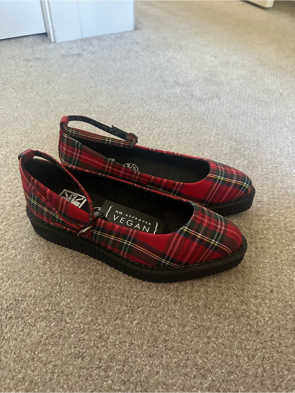 T.U.K Red Plaid Ballet Flats with Black Platform Sole